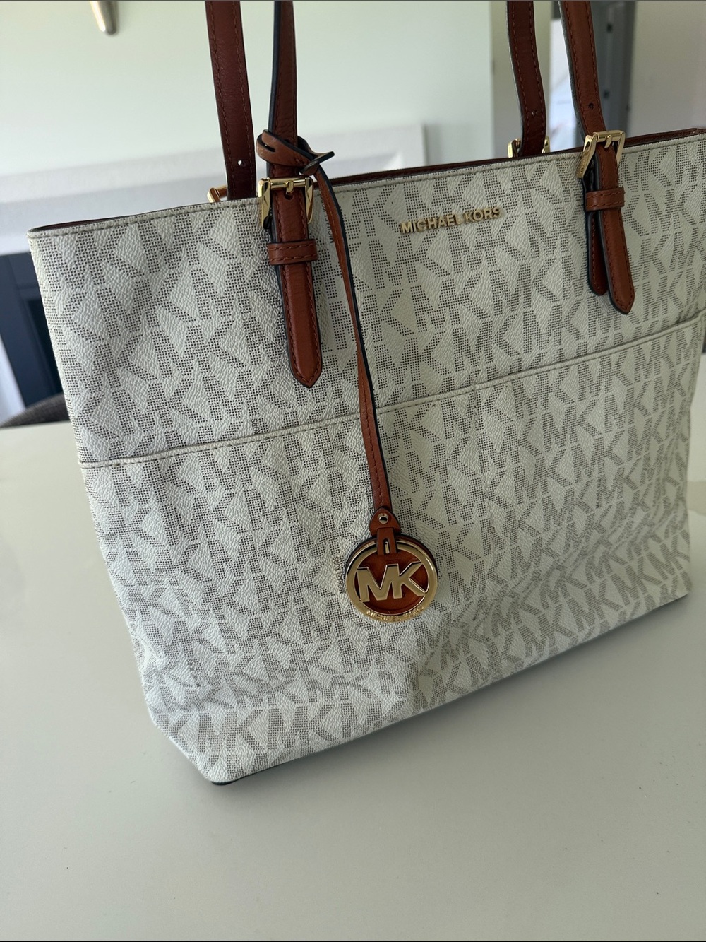 Michael Kors White/Beige Signature Tote with Brown Leather Straps